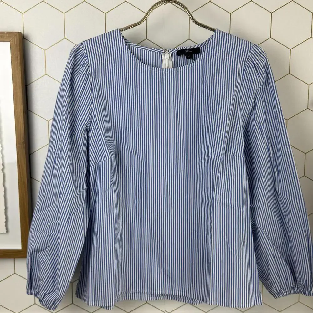 J. Crew Blue and White Puffed Sleeve Poplin Blue Striped Blouse - Size - 10